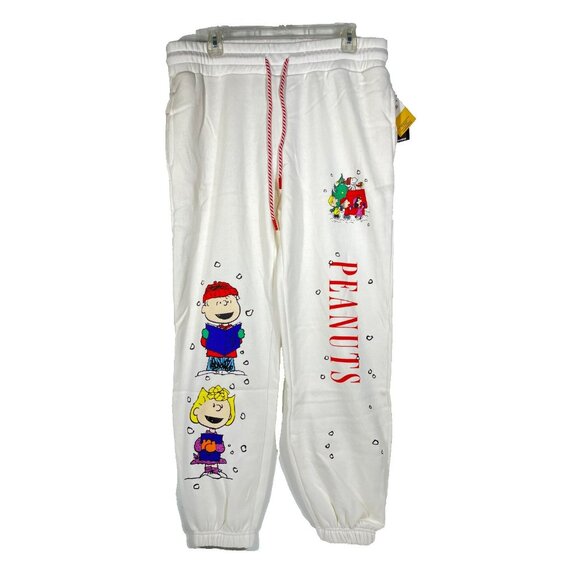 Peanuts Gang Snoopy And Friends Womens Large Holiday Jogger Sweatpants Off White - Picture 6 of 16